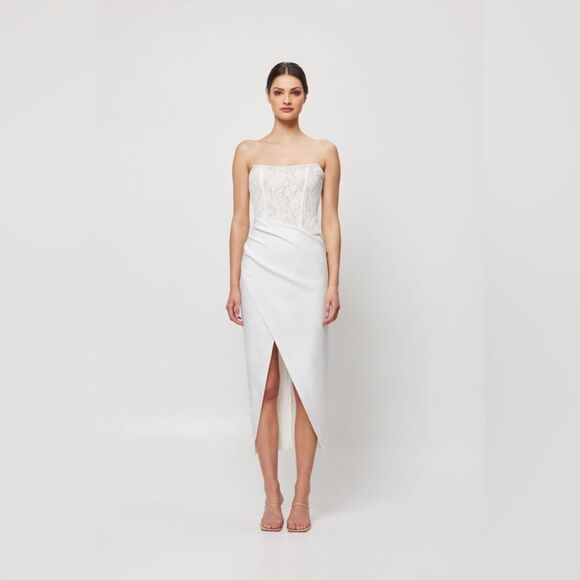 NWT $220 Elliatt Carsyn Strapless Bodycon‎ Cocktail Dress nude white corset midi - Picture 2 of 11